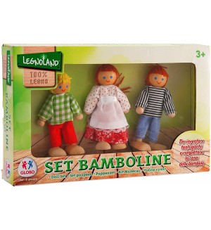 Комплект кукли Globo Legnoland - 3 броя, с дървени елементи