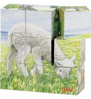 Дървени кубчета Goki - Животни от фермата, девет части
