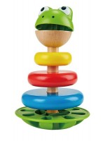 Дървена играчка за подреждане Hape - Жабка, с рингове и дрънкалка