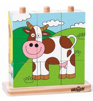 Низанка с дървени кубчета Woody - Домашни любимци, 9 части