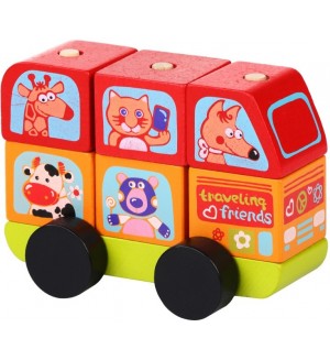 Дървен 3D пъзел с кубчета за нанизване Cubika - Автобус с животни