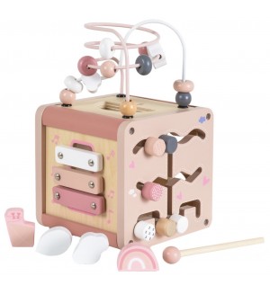Дървен активен куб Moni Toys - Розов