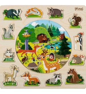 Дървен детски пъзел 2 в 1 Pino - Горски животни, 33 части