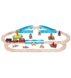 Дървен игрален комплект Bigjigs Rail - Пиратско влакче и релси