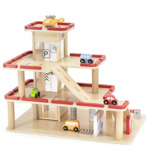 Дървен игрален комплект Viga Toys - Паркинг с гараж