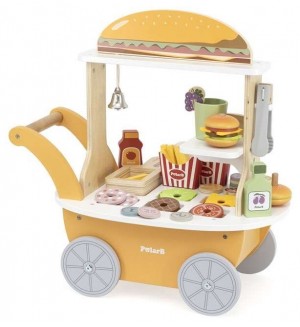 Дървен игрален комплект Viga Toys PolarB - Количка за бургери и напитки, с 46 аксесоара Дървен игрален комплект Viga Toys PolarB - Количка за бургери и напитки, с 46 аксесоара