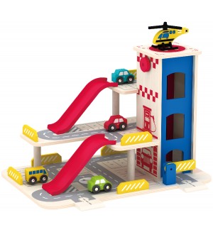 Дървен комплект Acool Toy - Гараж на три нива с асансьор и хеликоптерна площадка