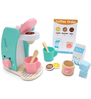 Дървен комплект Acool Toy - Кафе машина и аксесоари, 13 части