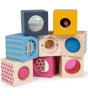 Дървен комплект Bigjigs - Сензорни кубчета