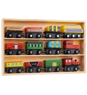 Дървен комплект Kruzzel - Железница с влакчета, 12 броя