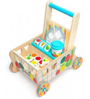 Дървен комплект Melissa & Doug - Количка-сортер с хранителни продукти