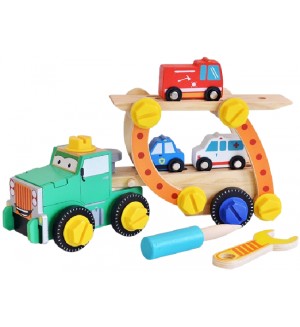 Дървен конструктор Acool Toy - Камион с пожарна, линейка и полицейска кола, 49 части