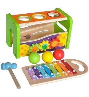 Дървен ксилофон Acool Toy - С топчета и чукче