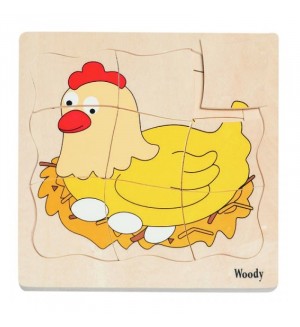 Дървен многопластов пъзел Woody – Яйце и кокошка