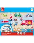 Дървен образователен пъзел Hape - Emergency Vehicles Peg Puzzle, 9 части