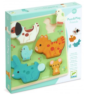 Дървен пъзел 2 в 1 Djeco Puzz & Play - Friends, 6 части