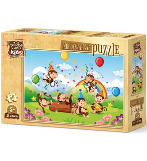 Дървен пъзел Art Puzzle от 50 части - Парти с маймунки