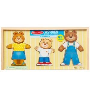 Дървен пъзел Melissa & Doug - Oблечи семейството мечета, 45 части