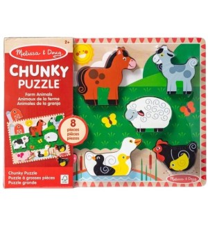 Дървен пъзел Melissa & Doug - Селскостопански животни, 8 части