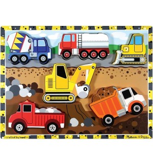 Дървен пъзел Melissa & Doug - Строителни машини, 6 части