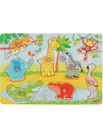 Дървен пъзел с дръжки Goki - Африкански бебета животни, 8 части Дървен пъзел с дръжки Goki - Африкански бебета животни, 8 части