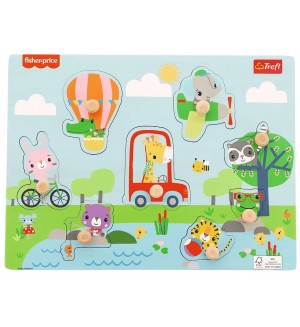 Дървен пъзел с дръжки Trefl Fisher Price - Животните в парка, 8 части