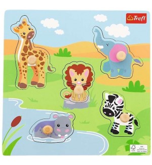 Дървен пъзел с дръжки Trefl - Сафари, 5 части