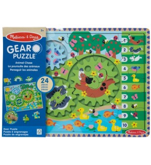 Дървен пъзел с механизъм Melissa & Doug - Animal Chase, 24 части
