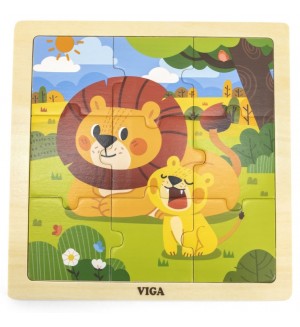 Дървен пъзел Viga Toys - Лъв с лъвче, 9 части