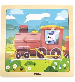 Дървен пъзел Viga Toys – Зайче машинист, 9 части
