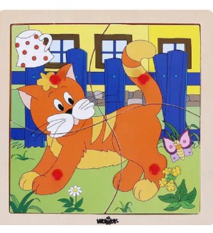 Дървен пъзел Woody - Веселото влакче, коте, 4 части Дървен пъзел Woody - Веселото влакче, коте, 4 части