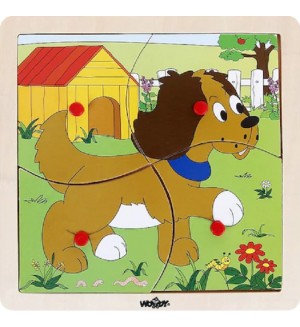 Дървен пъзел Woody - Веселото влакче, куче, 4 части