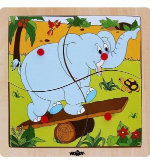 Дървен пъзел Woody - Веселото влакче, слонче, 4 части Дървен пъзел Woody - Веселото влакче, слонче, 4 части