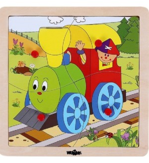 Дървен пъзел Woody - Веселото влакче, влакче, 4 части Дървен пъзел Woody - Веселото влакче, влакче, 4 части