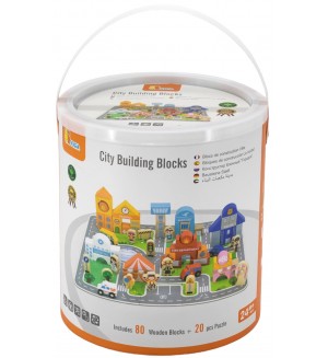 Дървен строител Viga Toys PolarB - Град, с фигури и платформа, 100 части