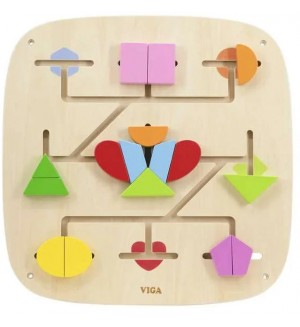 Дървена активна дъска Viga Toys - С лабиринт и геометрични фигури, за стена