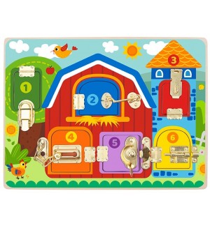 Дървена дъска с активности Tooky Toy - Резета и ключалки