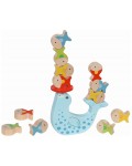 Дървена игра за балансиране - Тюлен с рибки, 13 части