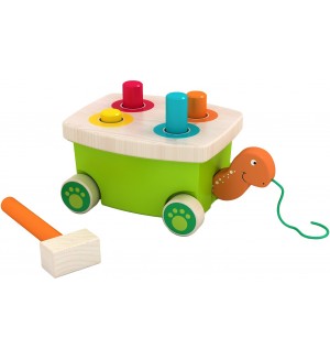 Дървена играчка Acool Toy - Костенурка с колелца и чукче
