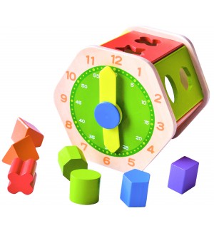 Дървена играчка Acool Toy - Шестоъгълен сортер с часовник