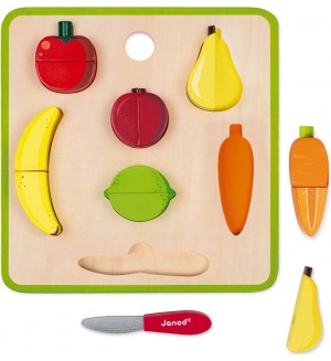 Дървена играчка Janod - Дъска за рязане с плодове и зеленчуци