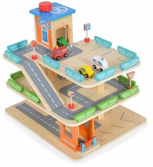 Дървена играчка Moni - Гараж на 3 етажа, 25 части