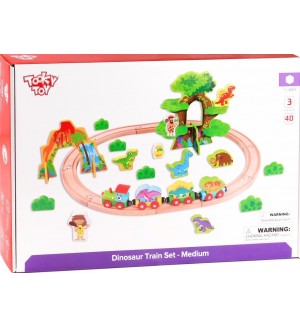 Дървена играчка Tooky toy - Джурасик парк с влак и динозаври