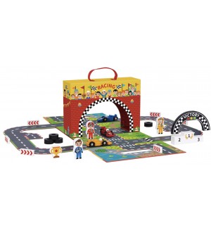 Дървена играчка Tooky Toy - Писта с колички в куфар