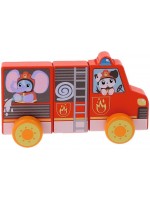Дървена играчка Trefl Tiny Tails - Пожарна кола, 3 части