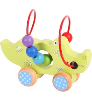 Дървена играчка за бутане Bigjigs - Крокодилче с мъниста 