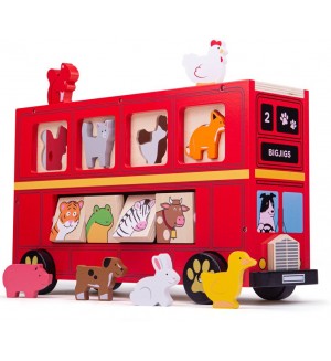 Дървена играчка за сортиране Bigjigs - Автобус с животинчета