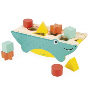 Дървена играчка за сортиране Janod - Крокодил, с 8 формички