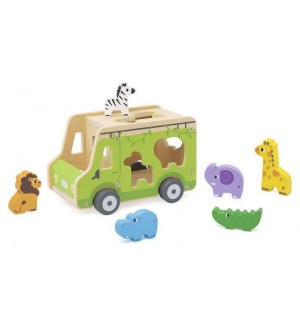 Дървена играчка за сортиране Viga Toys - Сафари камион с животни, 6 части