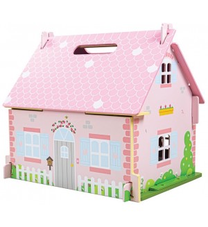 Дървена къща за кукли Bigjigs - Разцъфналата къщичка, с обзавеждане Дървена къща за кукли Bigjigs - Разцъфналата къщичка, с обзавеждане